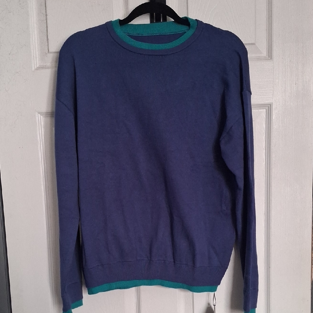 Zaful Men's Navy and Teal Crewneck Sweater